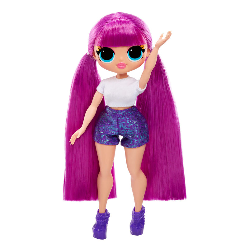 Roller Chick doll with long purple hair and a white top on a white background