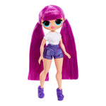 Doll with purple hair and outfit on a white background