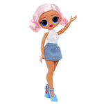 Toy doll with pink hair, white top, blue skirt, and blue shoes on a white background