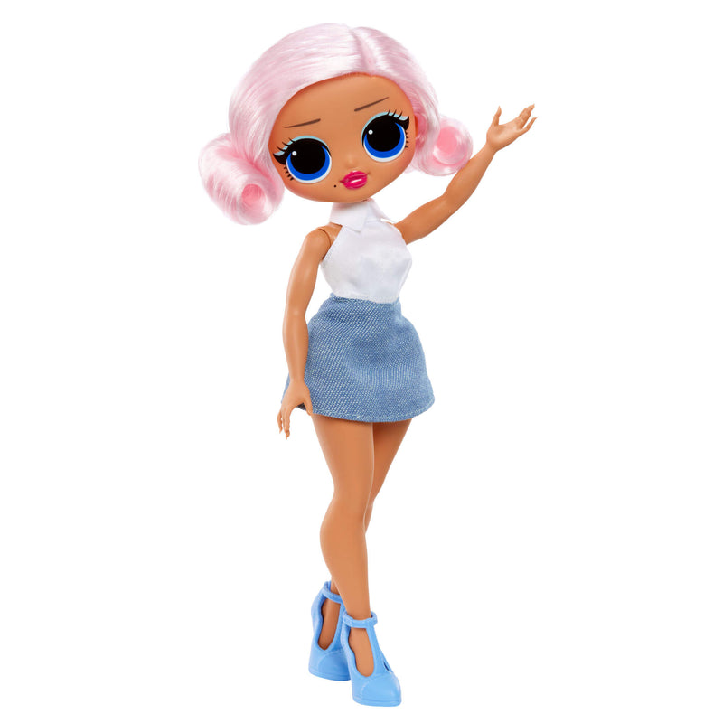 Toy doll with pink hair, white top, blue skirt, and blue shoes on a white background