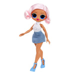 Toy doll with pink hair, blue eyes, white top, denim skirt, and blue shoes on a white background