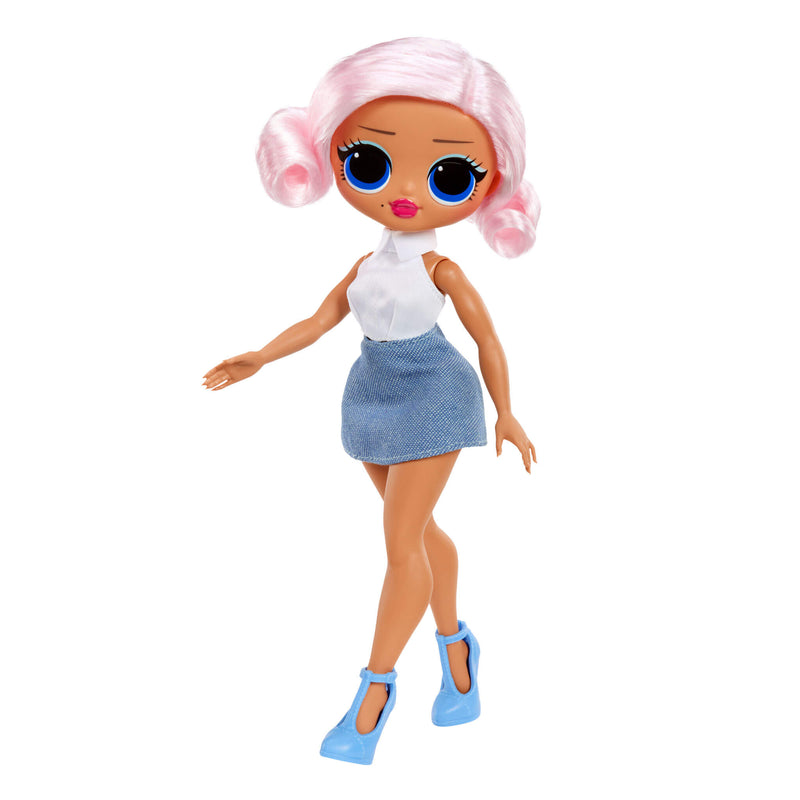 Toy doll with pink hair, blue eyes, white top, denim skirt, and blue shoes on a white background