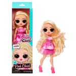 Toy doll with blonde hair and pink dress next to its packaging
