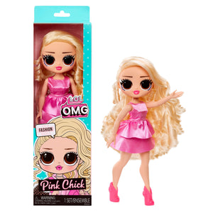 Toy doll with blonde hair and pink dress next to its packaging