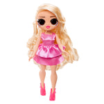 Doll with blonde hair and a pink dress on a white background