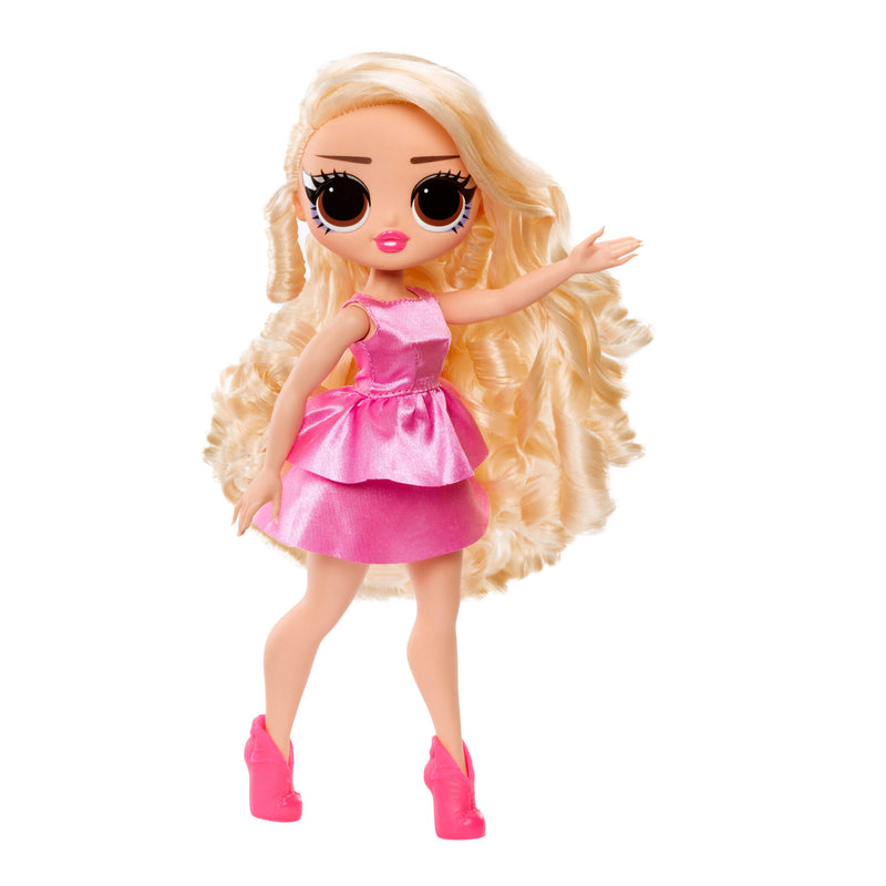 Doll with blonde hair and pink outfit on a white background