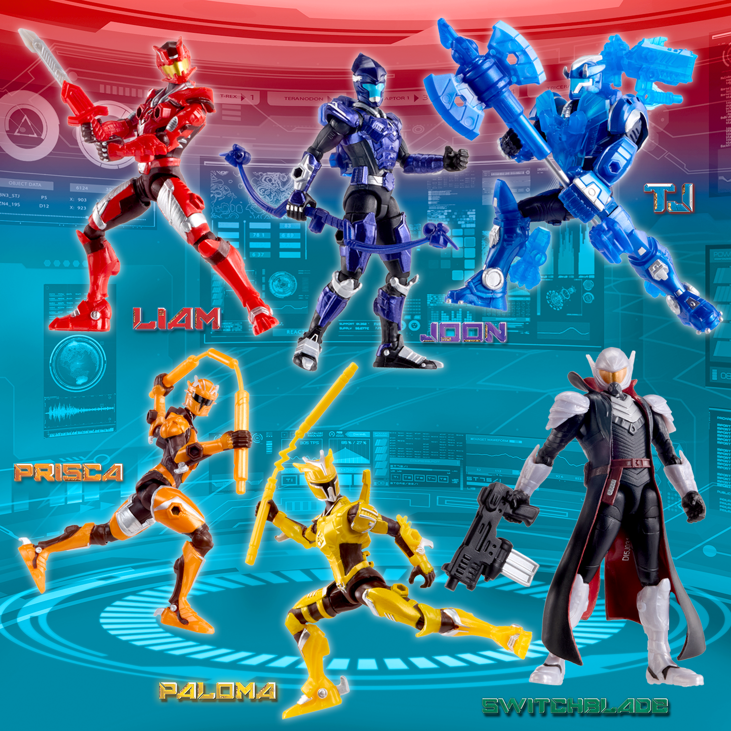 Five action figures with colorful designs on a futuristic background