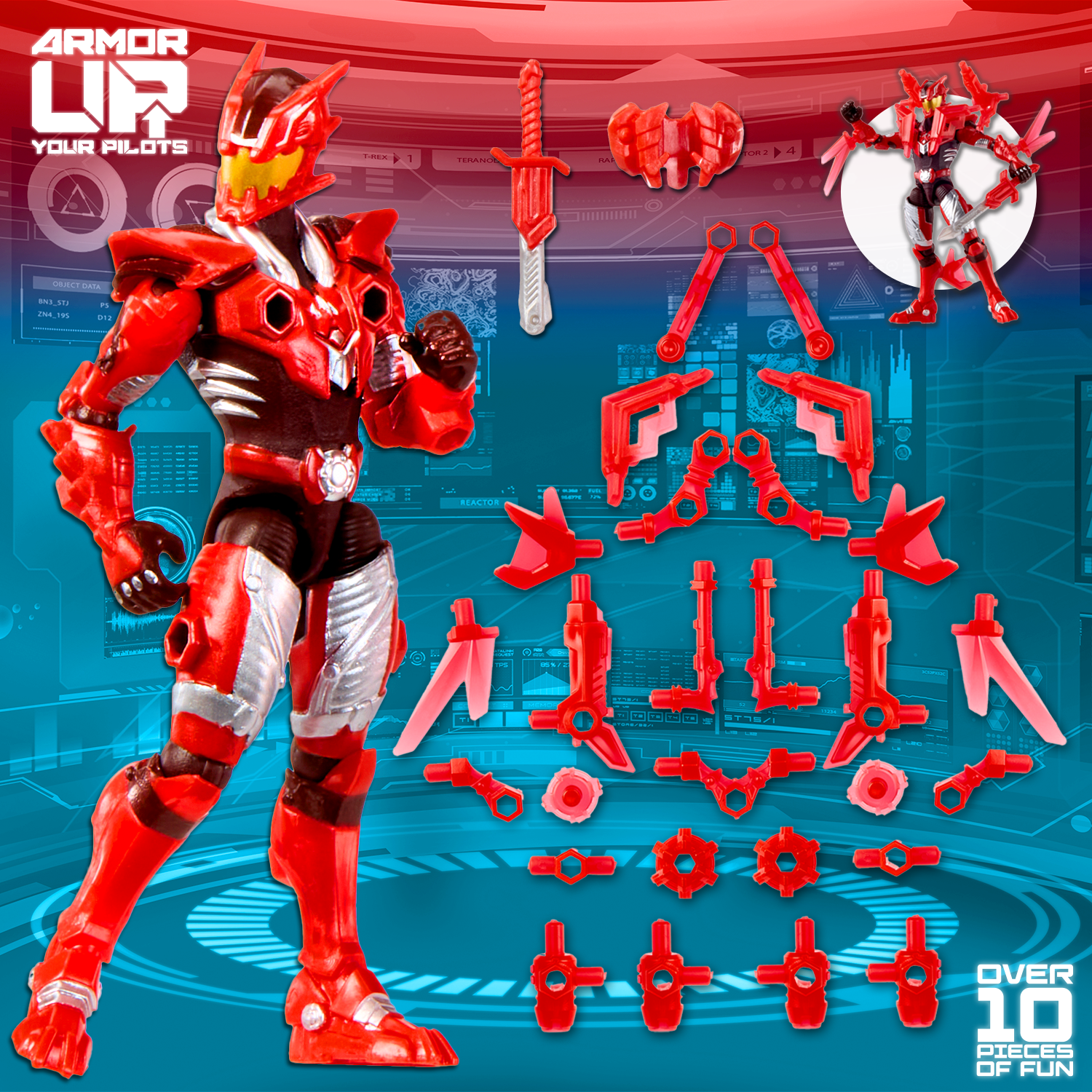 Red and white robot action figure with customizable parts on a blue and red background