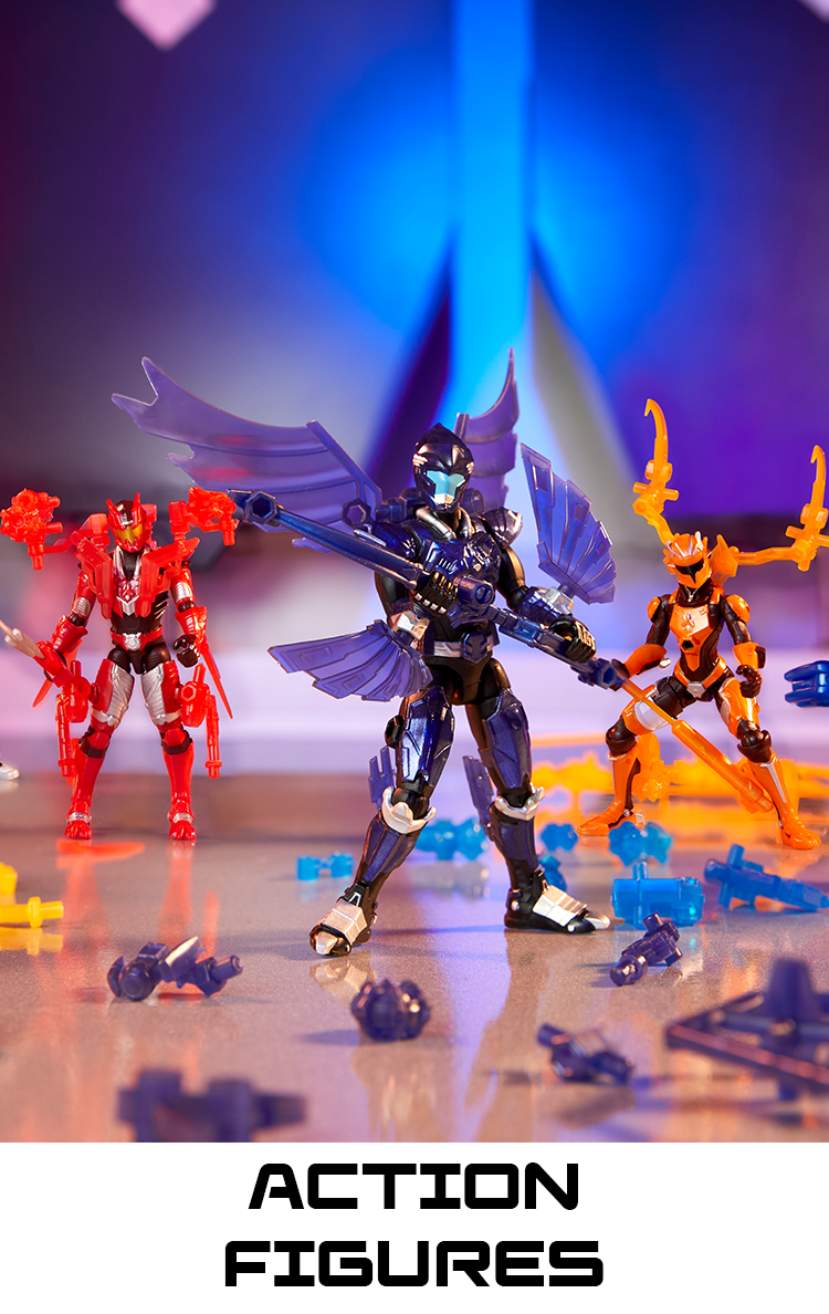 Three action figures in red, black, and orange on a reflective surface with a blurred background. Click to Shop Action Figures