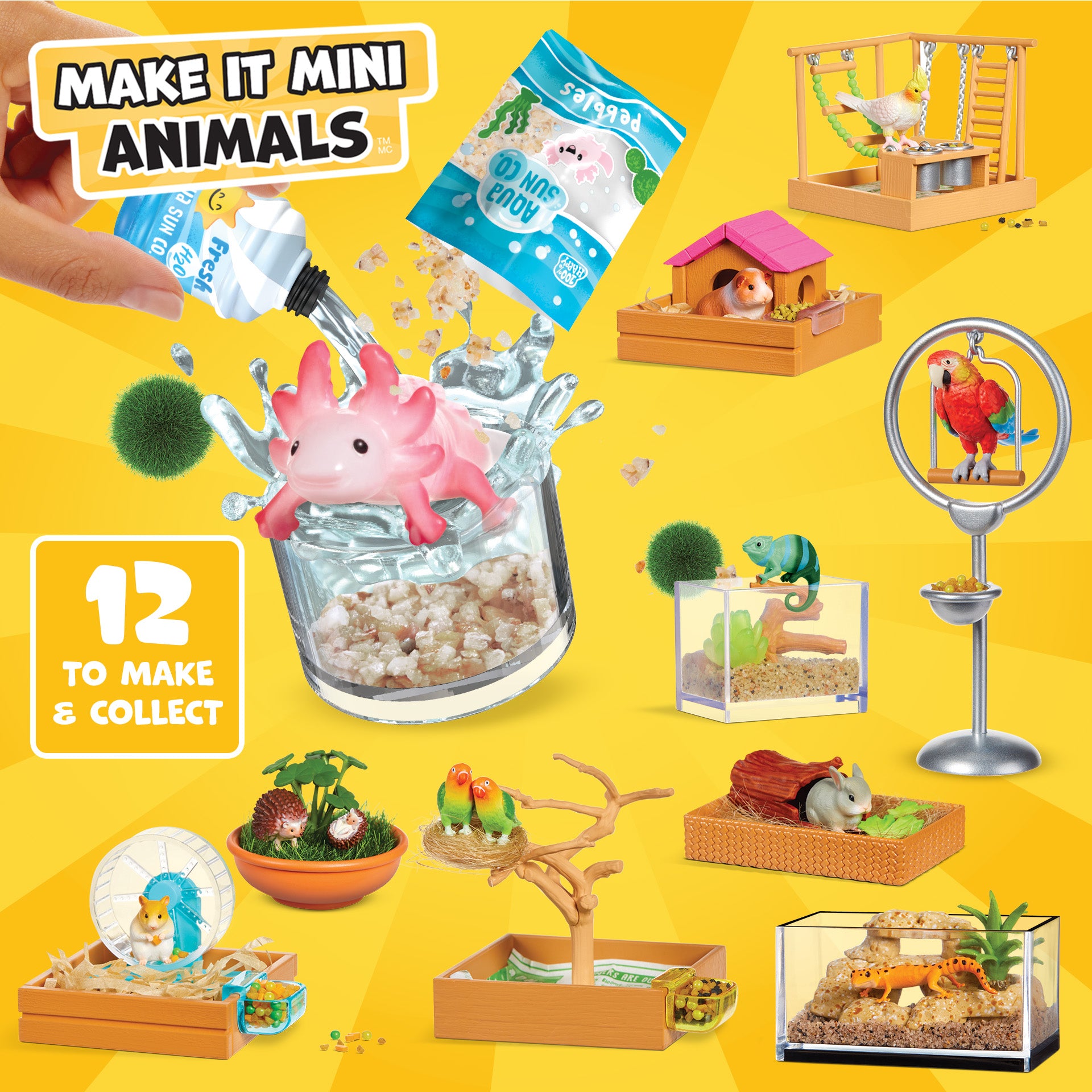 Make it Mini Animals 12 to Make and collect. Mini animals on a yellow background