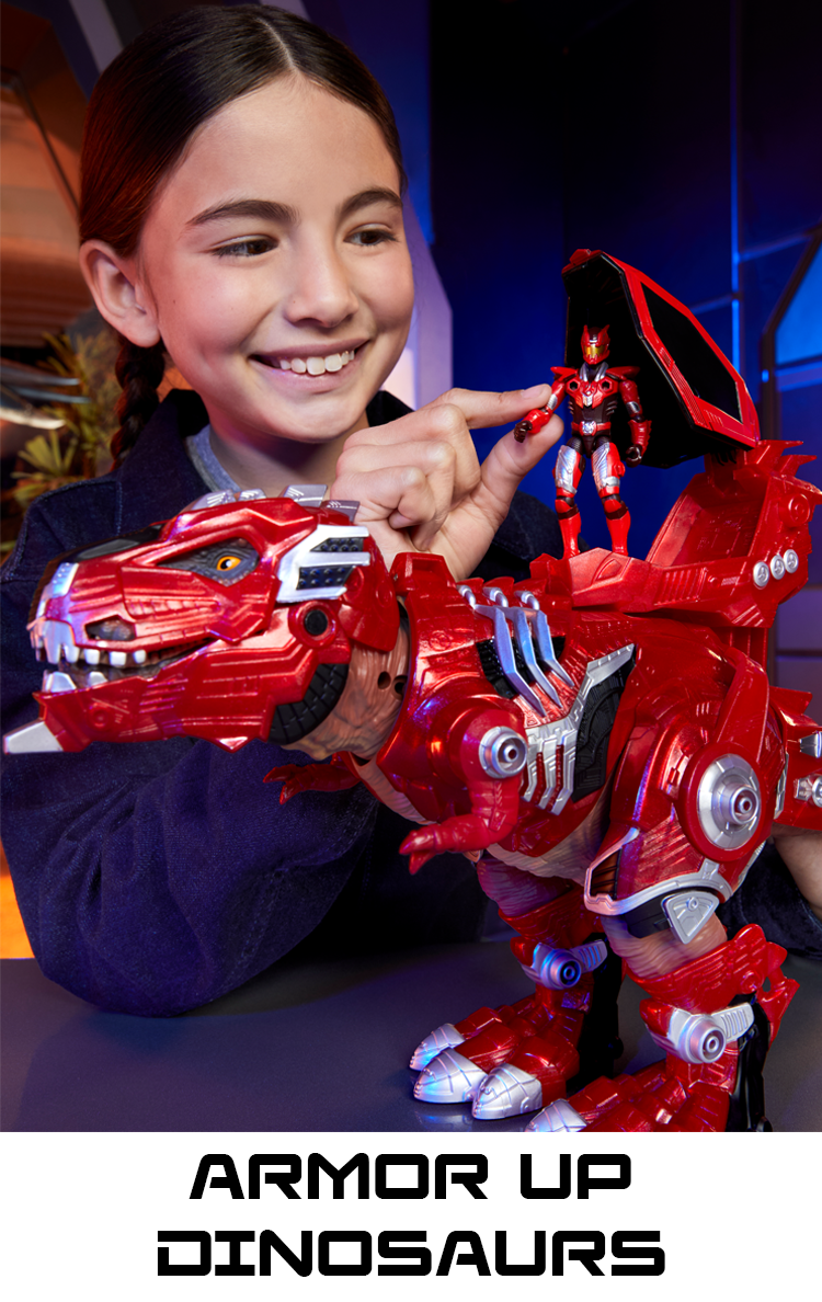 Child playing with a red dinosaur toy that transforms into a robot, with 'Armor Up Dinosaurs' branding.  Click to Shop Armor Up Dinosaurs