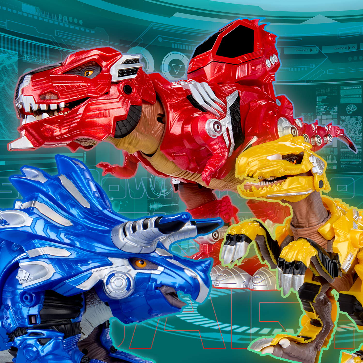 Three toy Armorsaurs dinosaurs in red, blue, and yellow on a digital background