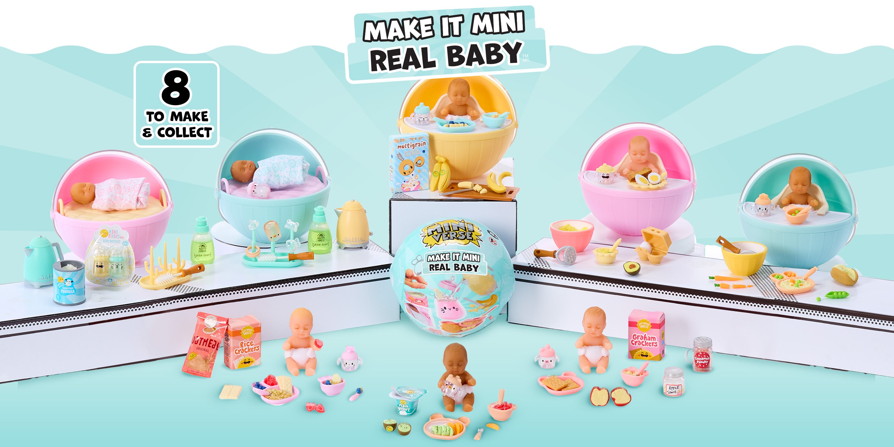 Make it Real Baby with 8 to make and collect on a blue background displaying different Miniverse babies