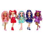 Five colorful dolls with styled hair on a white background