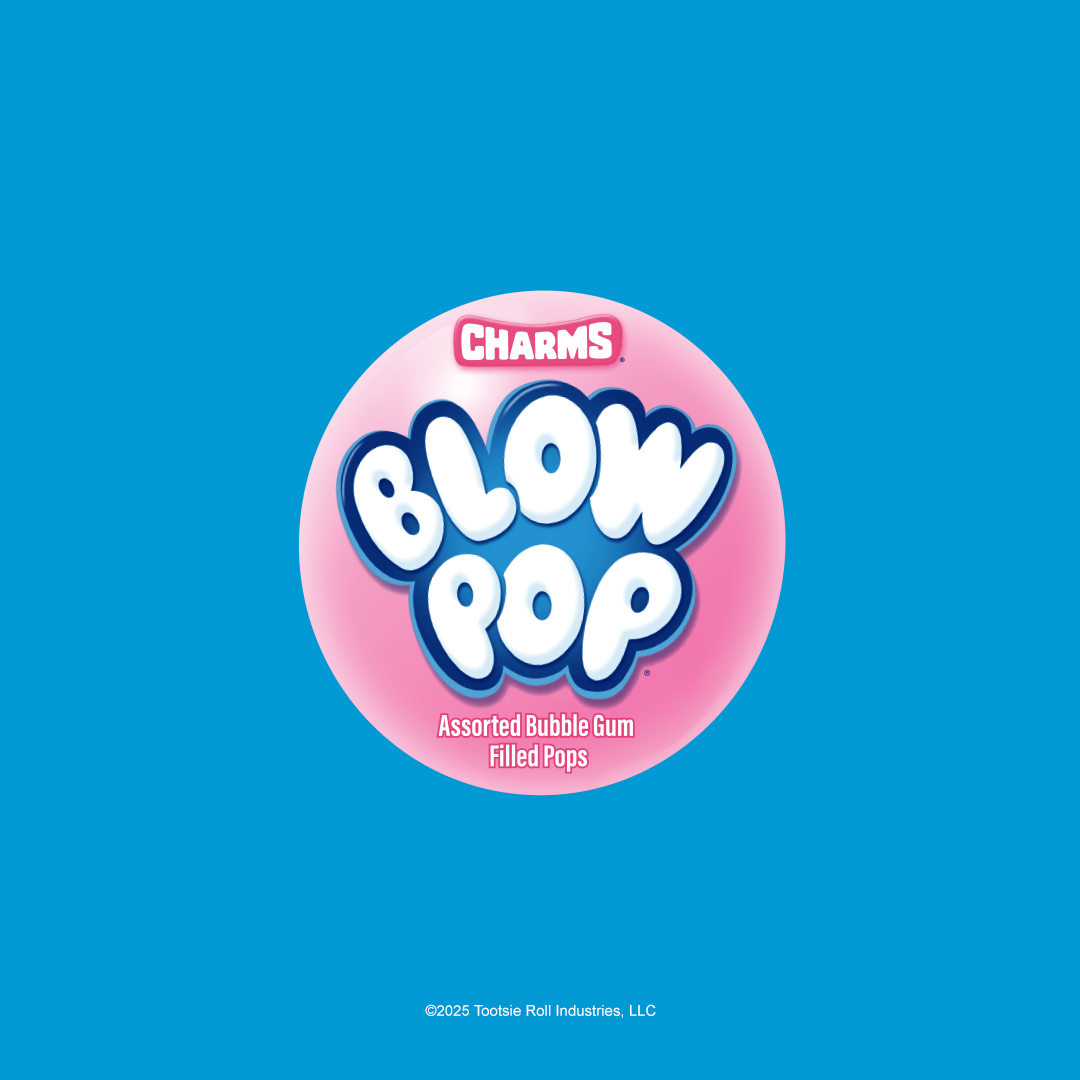 Charms Blow Pop logo on a blue background