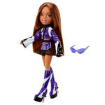Doll with purple and black outfit with sunglasses