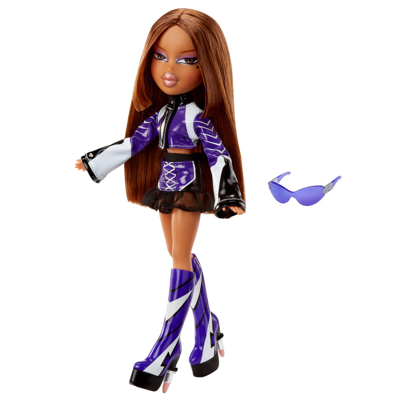 Doll with purple and black outfit with sunglasses