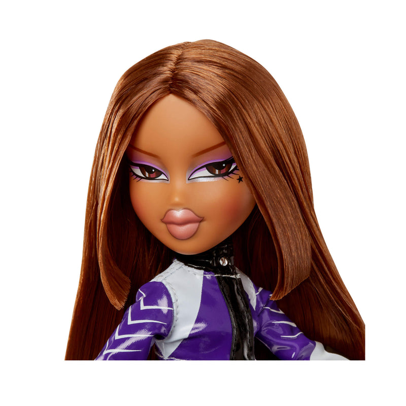 Close-up of a doll with long brown hair and purple 