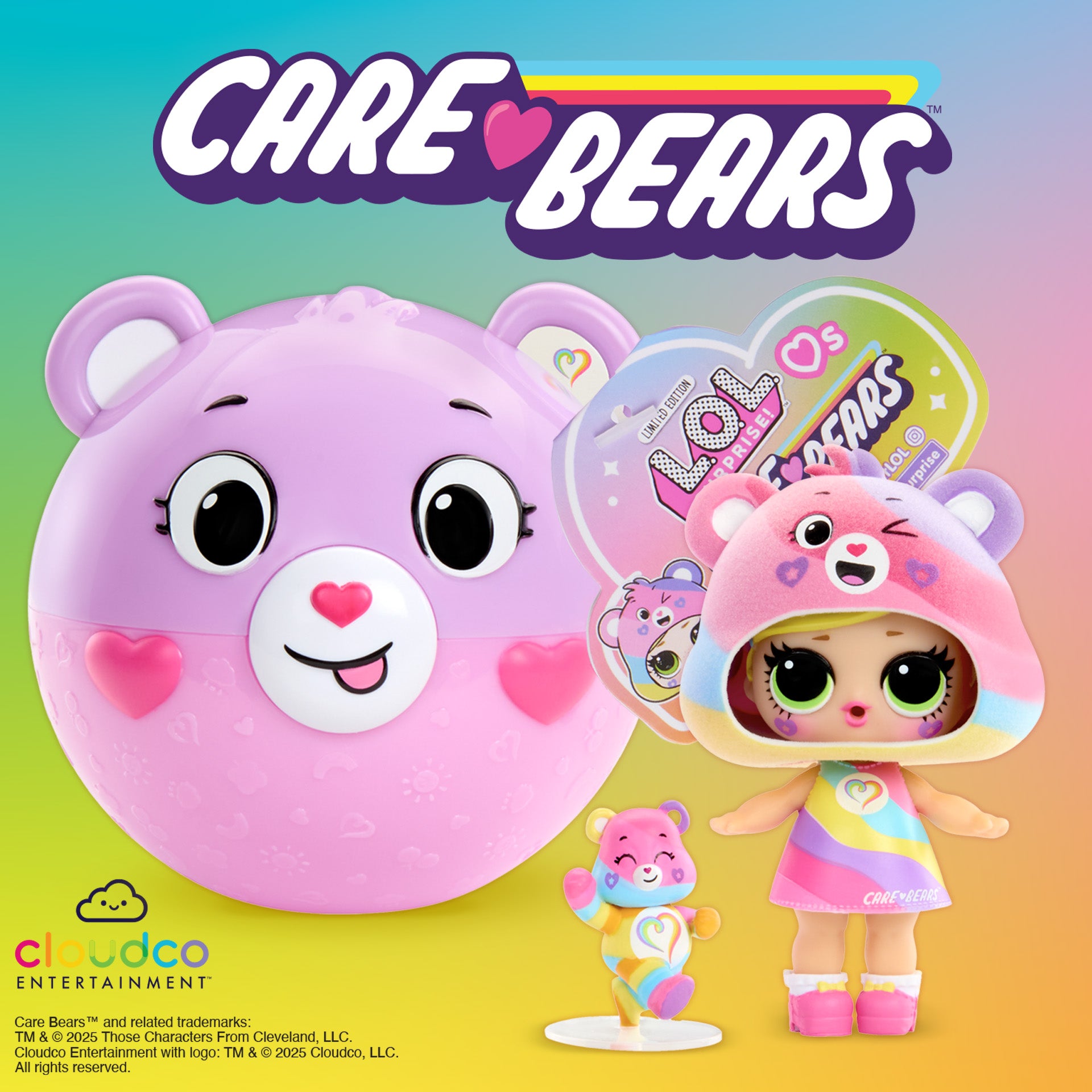 Care Bears toys with a pink bear plush and a doll on a colorful background