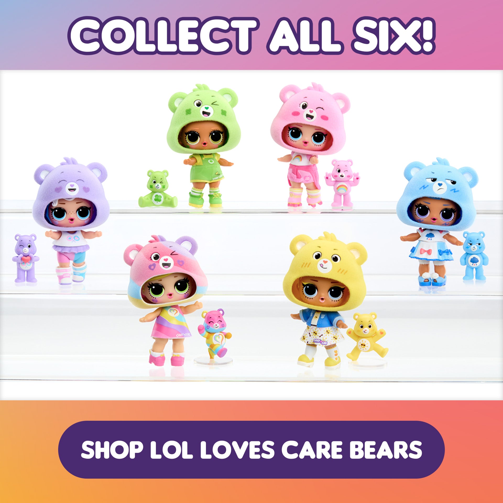 Colorful LOL surprise dolls with Care Bear themed outfits on a white shelf against a pink and purple gradient background.