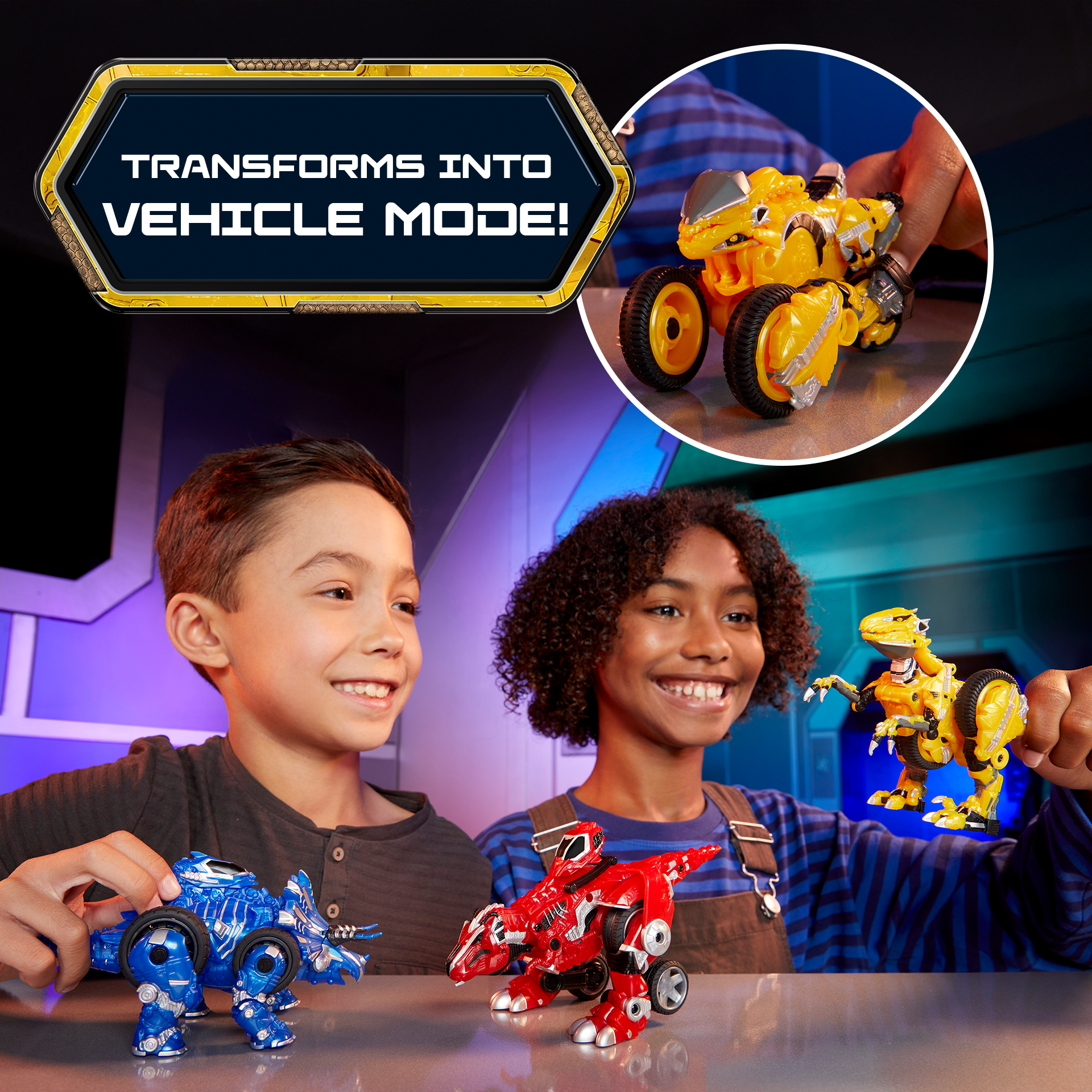 Two children playing with Armorsaurs vehicles, with a focus on transforming capabilities.