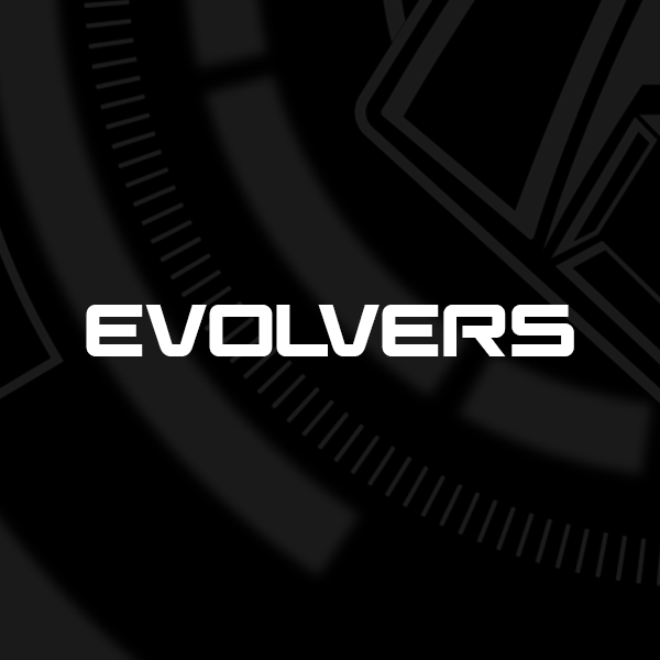 Logo of 'Evolvers' on a dark background with geometric shapes.