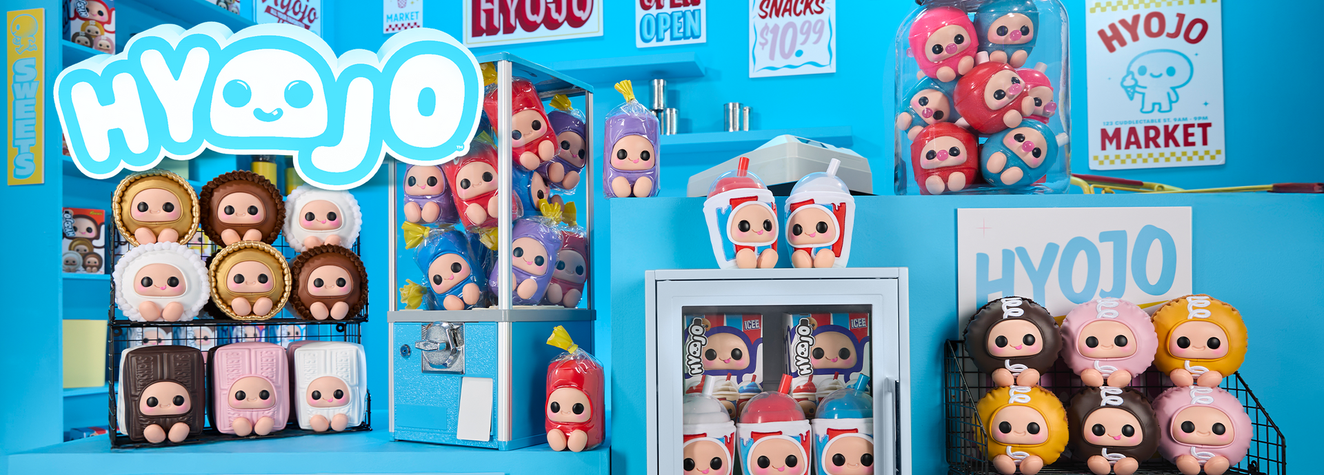 Collection of HYOJO toys displayed against a blue background with packaging and accessories.