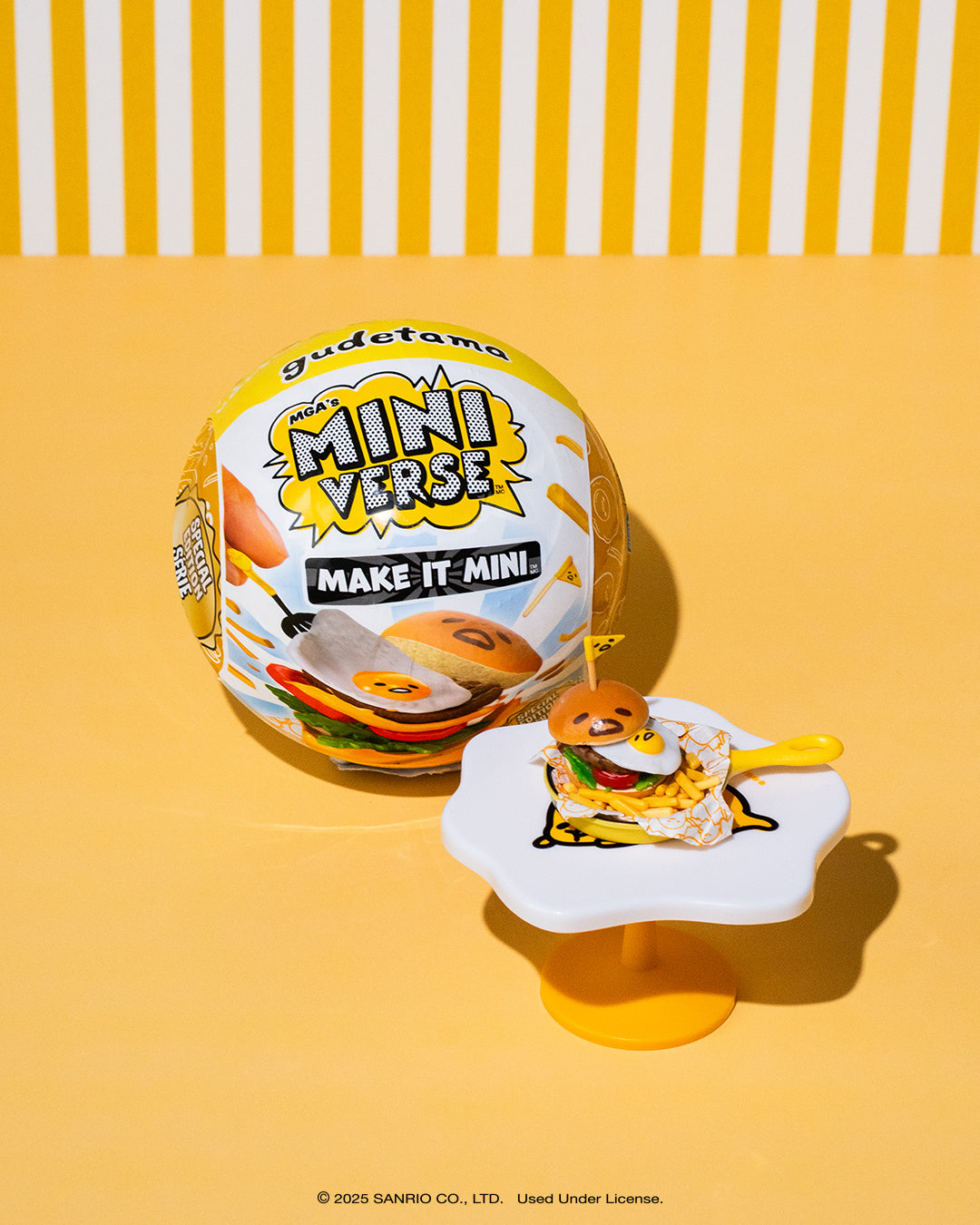 Gudetama MiniVerse toy packaging on a yellow background