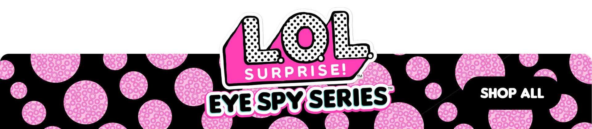 Logo of LOL Surprise with pink polka dots and text on a black background