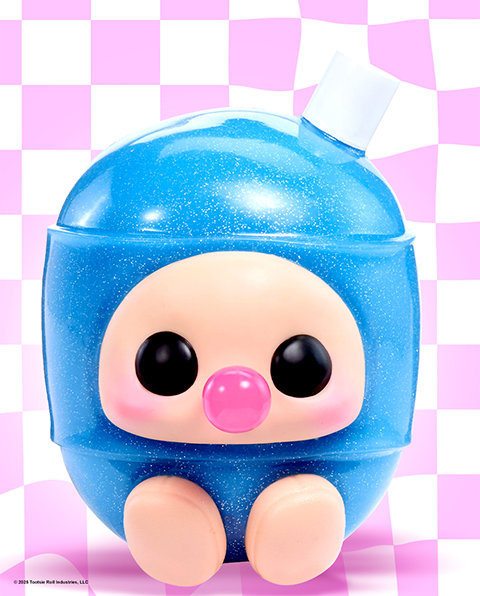 Blue character with a pink nose on a checkered pink and white background