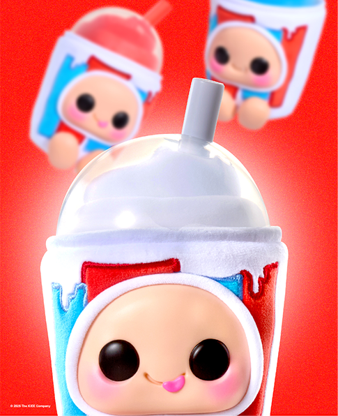 Toy figure of a character in a cup with a red background