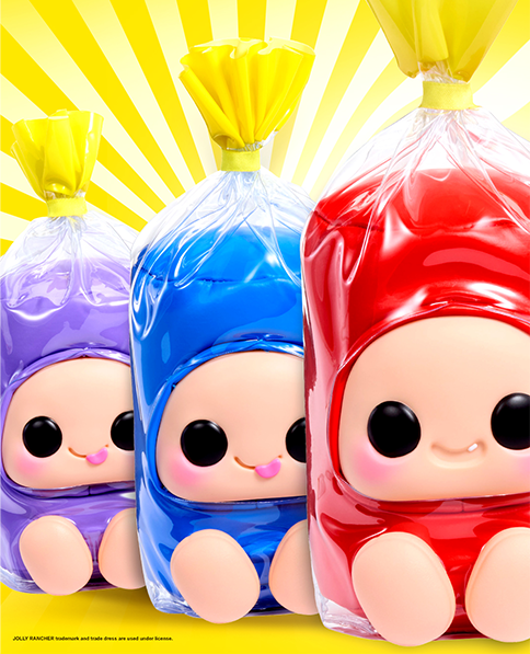 Three colorful characters in plastic bags on a yellow background