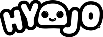 Black and white logo of 'HYOJO' with a cute face design on a white background
