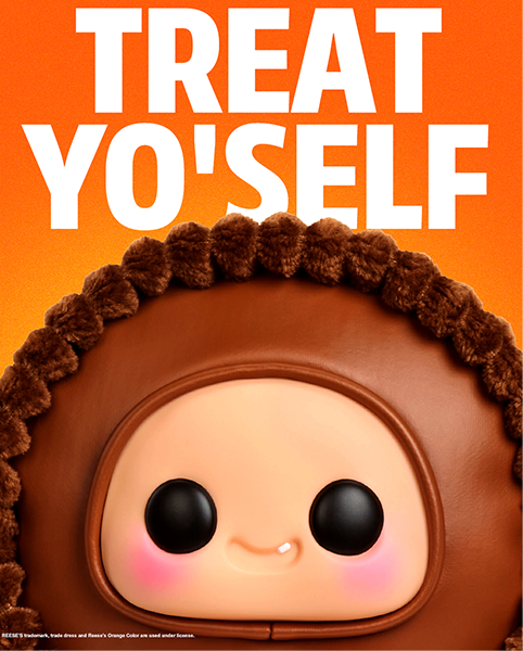 Cute character with a brown hat on an orange background with 'Treat Yo'Self' text