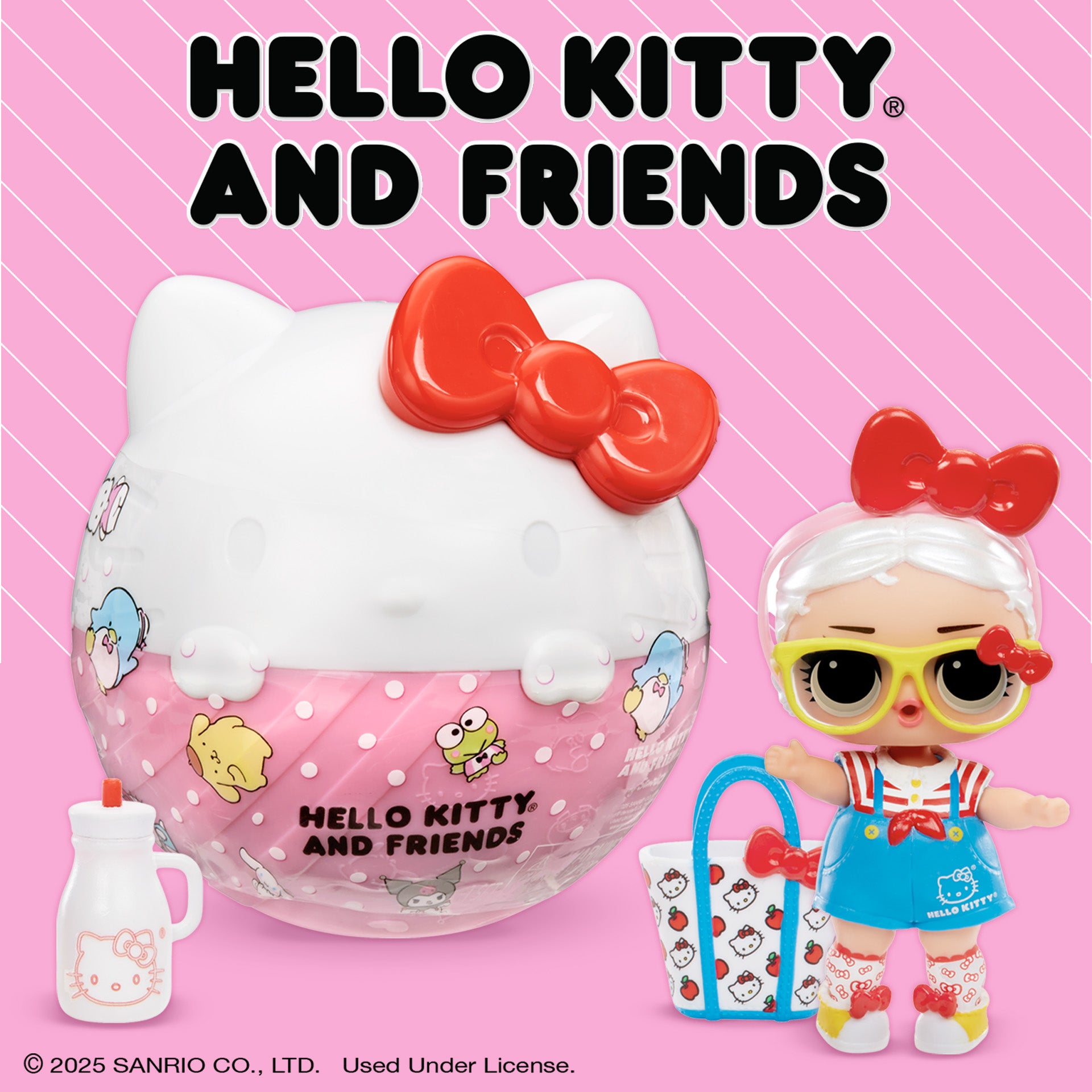 Hello Kitty and Friends toy set with a ball and small figure on a pink background