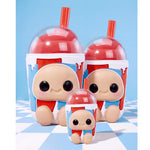 Three different sizes of Hyojo Icee cups with the smallest in front on a light blue background