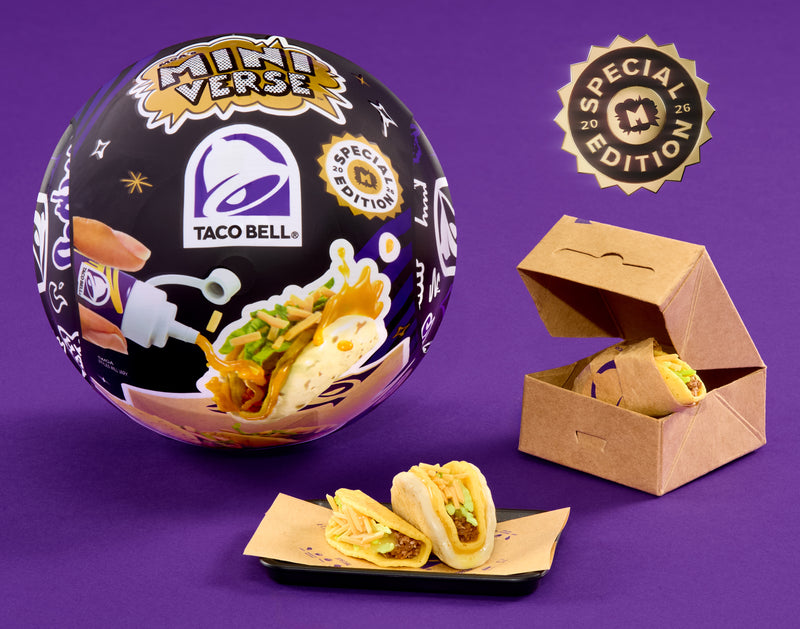 Taco Bell mini taco ball with packaging and tacos on a purple background