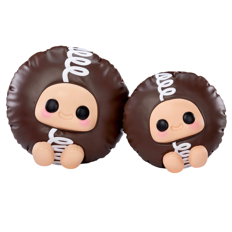 Extra Large Hostess Cupcake on left side with Large Hostess Cupcake on the right side on a white background