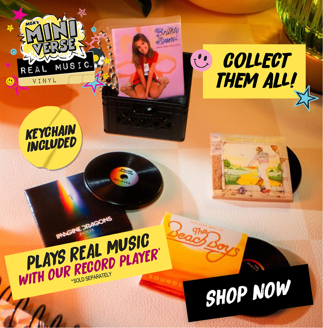 Mini music vinyl records with packaging and promotional text on a countertop surface. Shop Now call to action to shop the Record vinyls