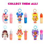 All six colorful keychains with dolls and bottles on a white background, featuring text 'Collect Them All!'.