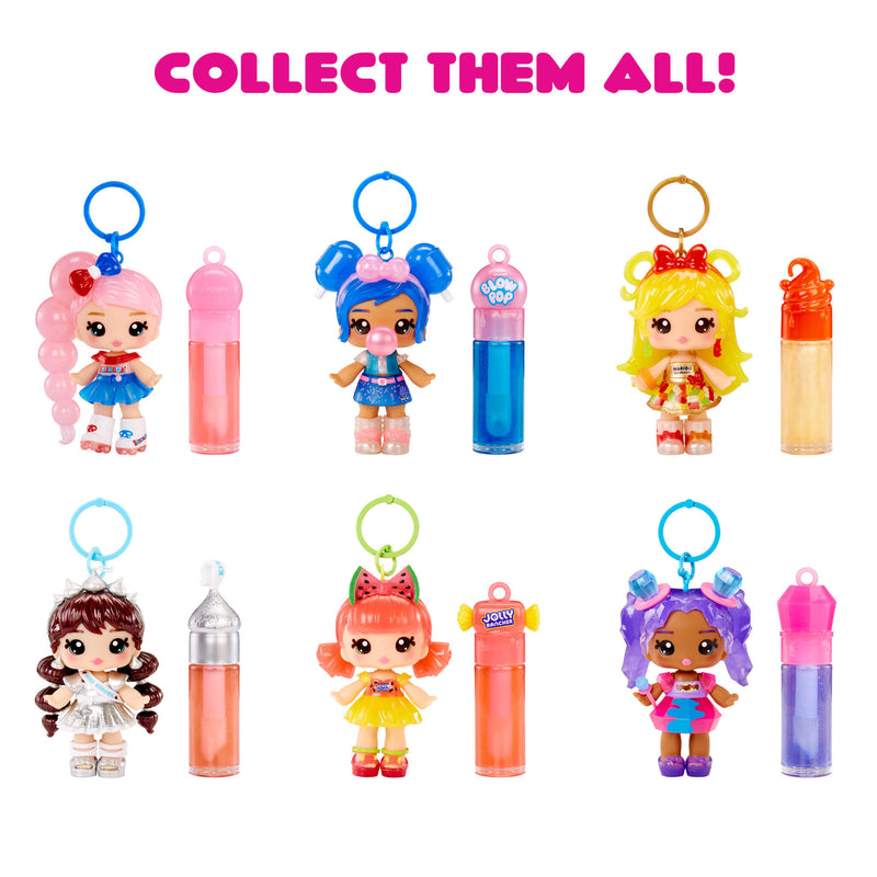 All six colorful keychains with dolls and bottles on a white background, featuring text 'Collect Them All!'.