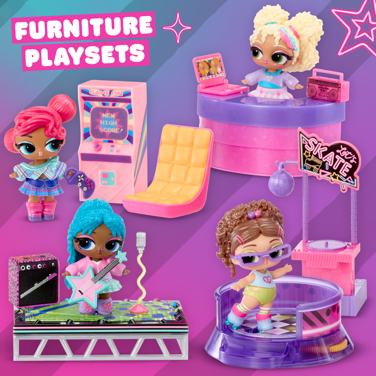LOL Surprise Music Festival Furniture playsets group shot showing assortment