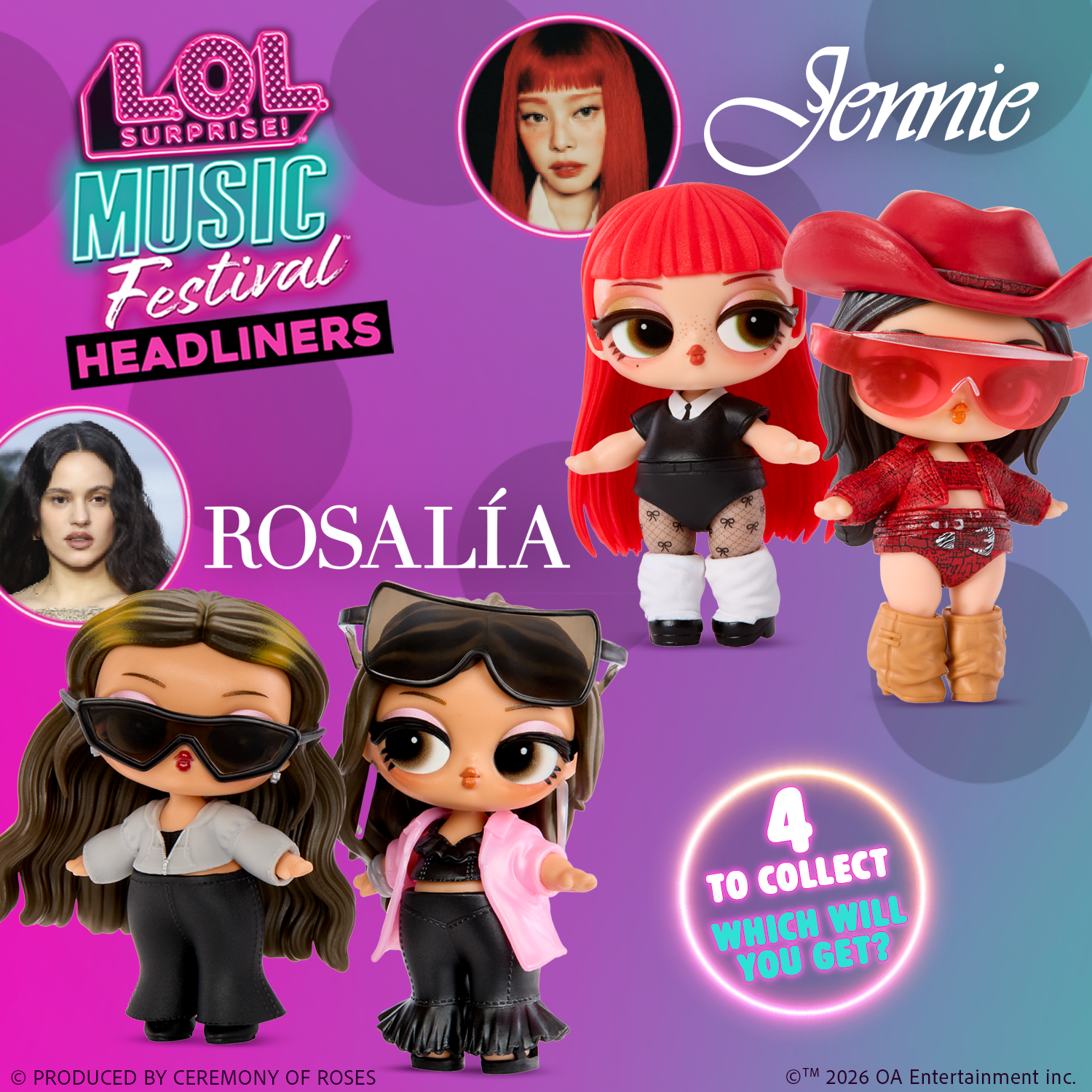 LOL Surprise Music Festival Headliners showing Jennie and Rosalia tots. 4 to collect