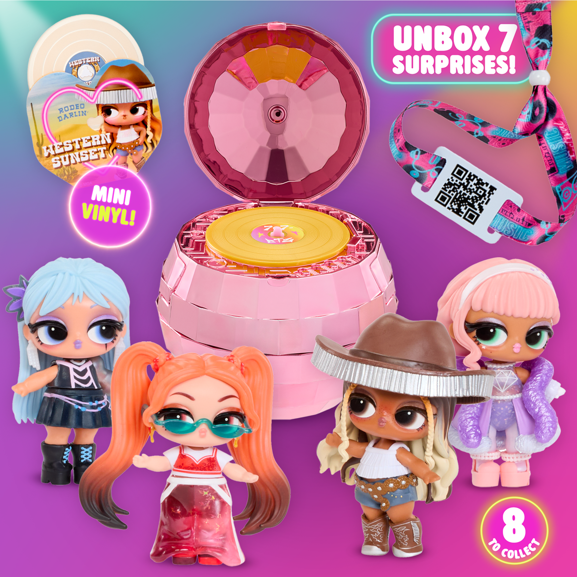 LOL Surprise Music festival tots showing Unbox 7 Surprises, 8 to collect