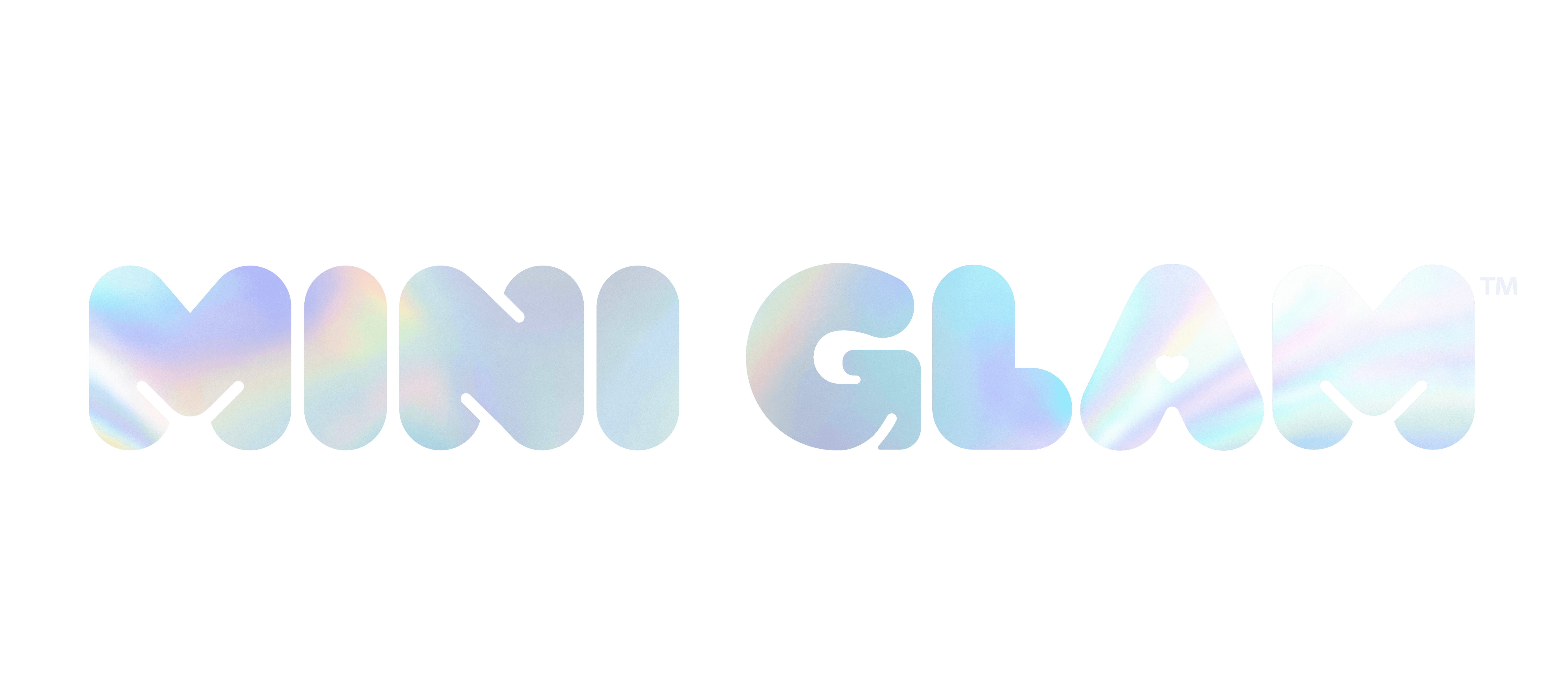 Iridescent 'MINI GLAM' logo on a black background
