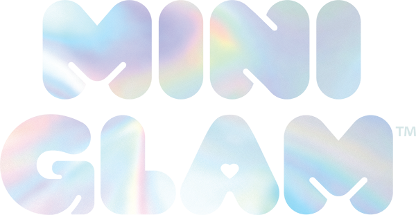 Holographic text 'MINI GLAM' on a white background