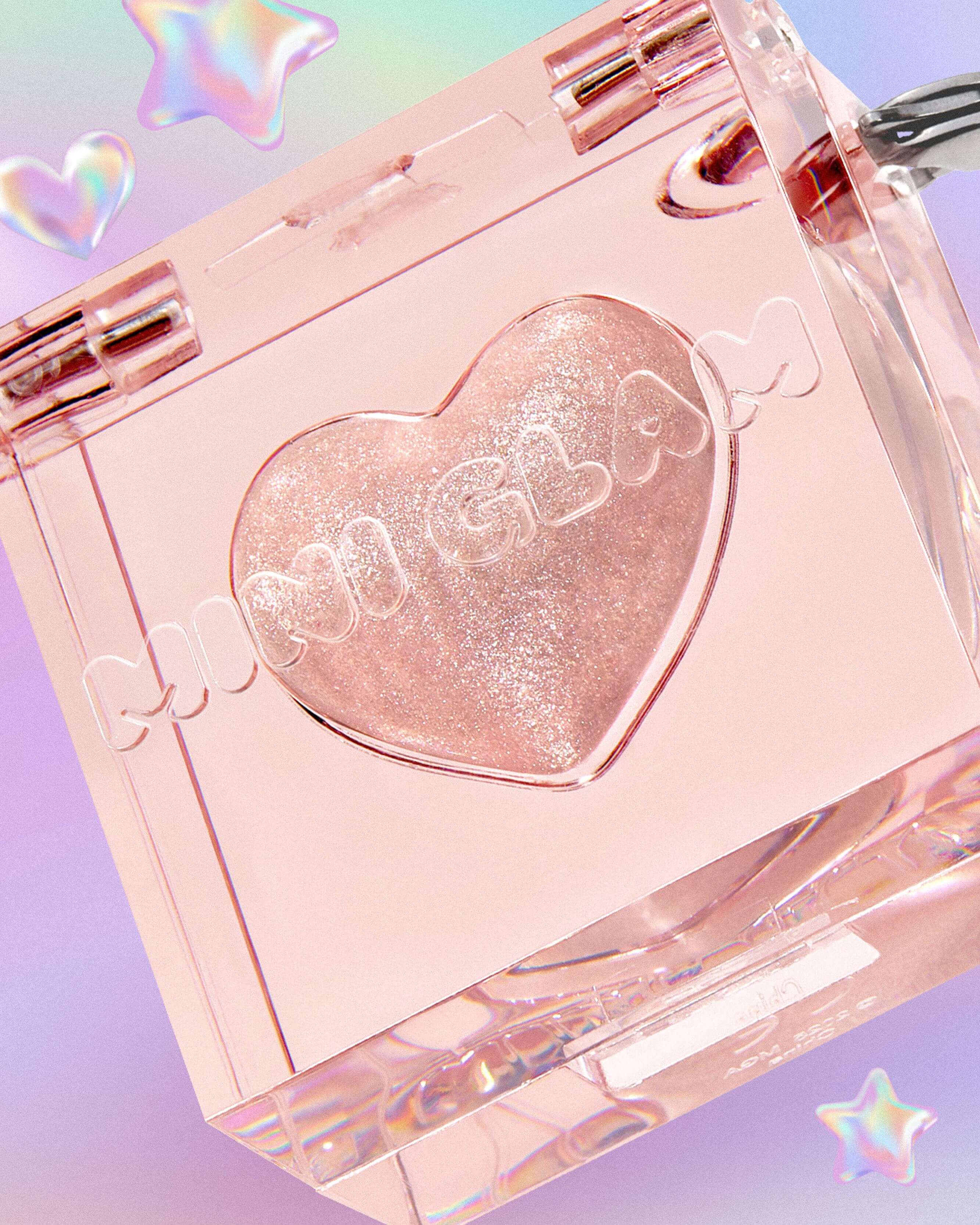 Pink Mini Glam makeup palette with heart-shaped Ajmal logo on a colorful background