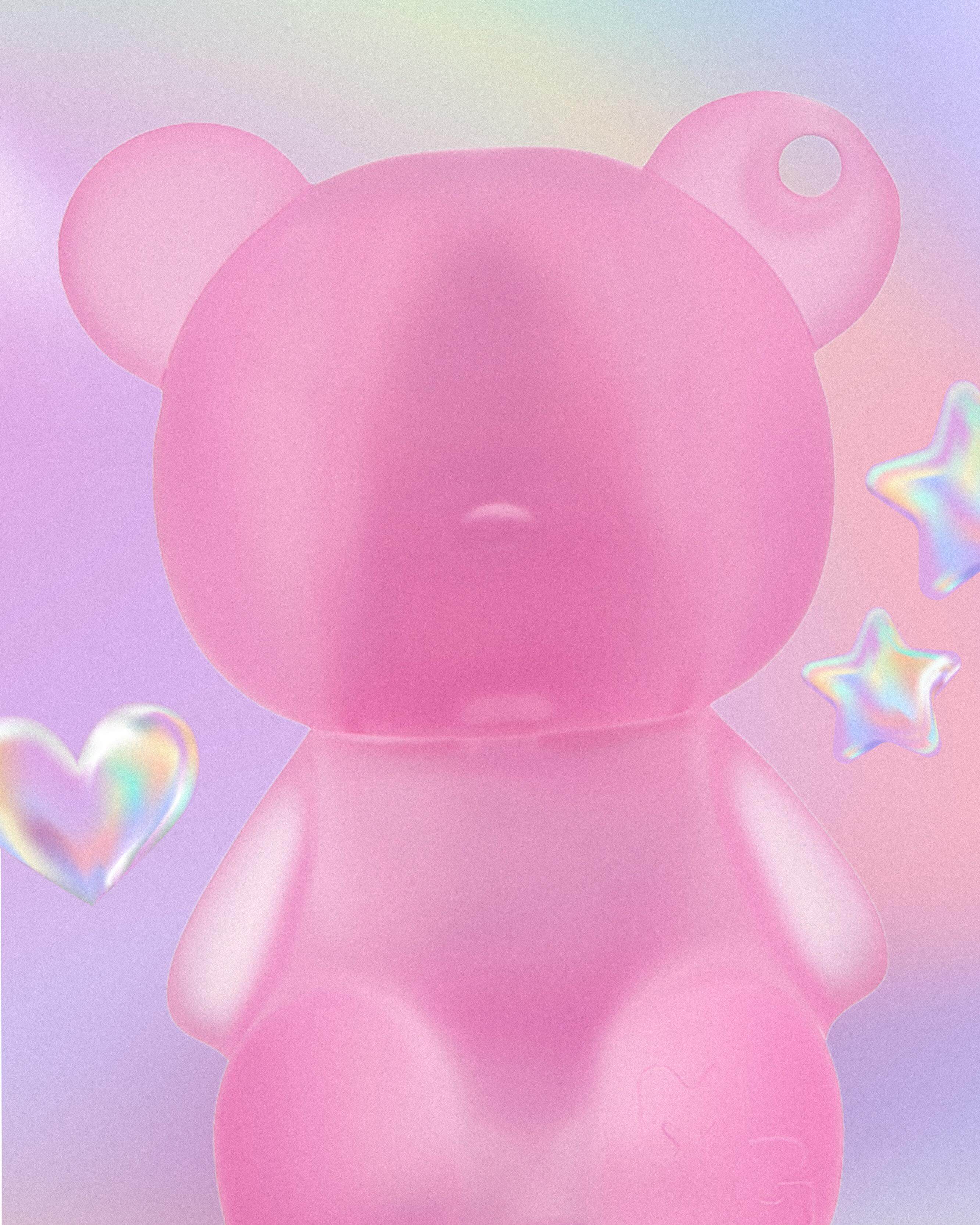 Pink bear-shaped Mini Glam object with a pastel rainbow background