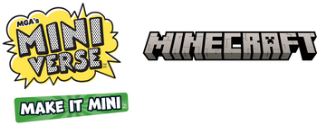 MGA's Mini Verse and Minecraft logos side-by-side on a white background. The MGA's Mini Verse logo features a yellow comic-style burst with black and white halftone text and a green 'MAKE IT MINI' banner below.