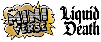 Logos of 'MGA's MiniVerse' and 'Liquid Death' on a white background